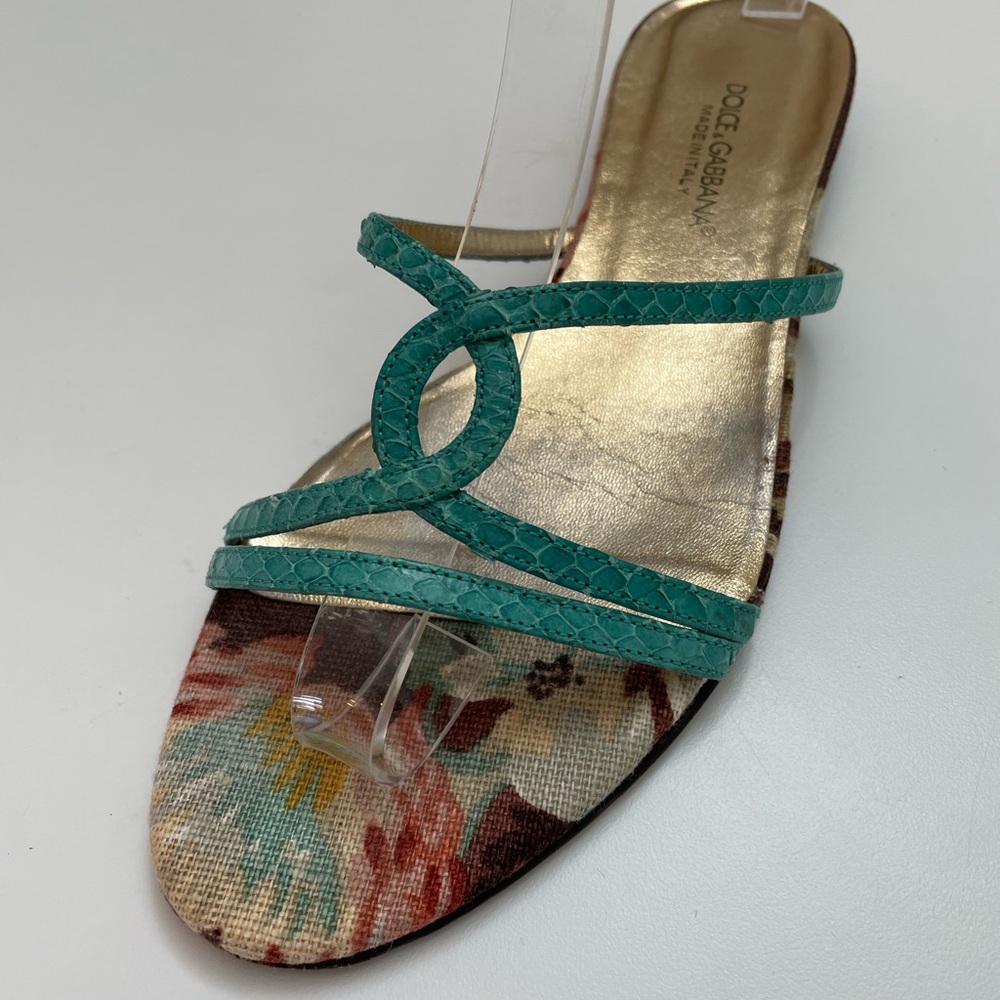 Dolce & Gabbana Turquoise Snake-Embossed Leather & Floral Canvas Flats Size 7.5 - Picture 2 of 9